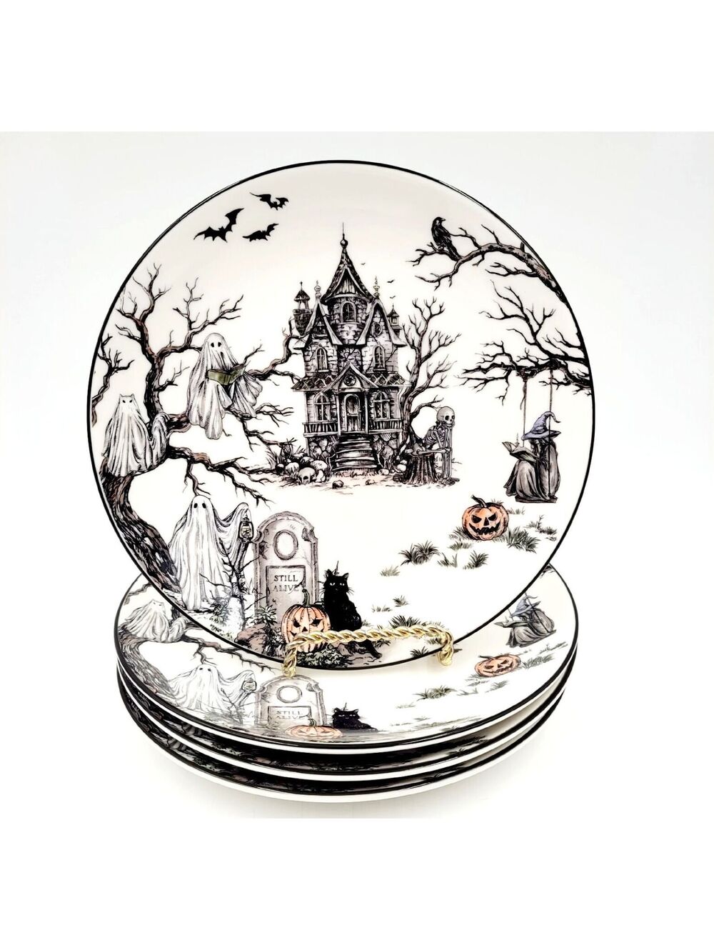 Pottery Barn Midnight Manor Salad Plates Set of 4 Halloween Stoneware 8.25" NEW